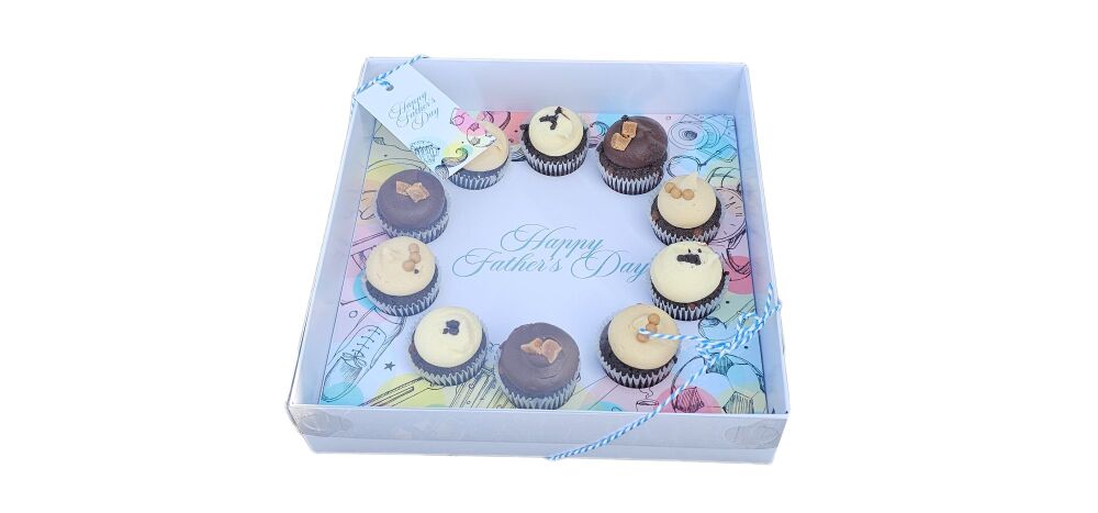 Father's Day 10pk Mini Cupcake Box with Clear Lid and Printed Insert White Base & Gift Tag (Twine not included) - 230mm x 230mm x 55mm - Pack of 10