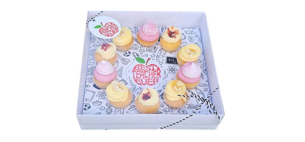 Teacher's 10pk Mini Cupcake Box with Clear Lid and Printed Insert White Bas
