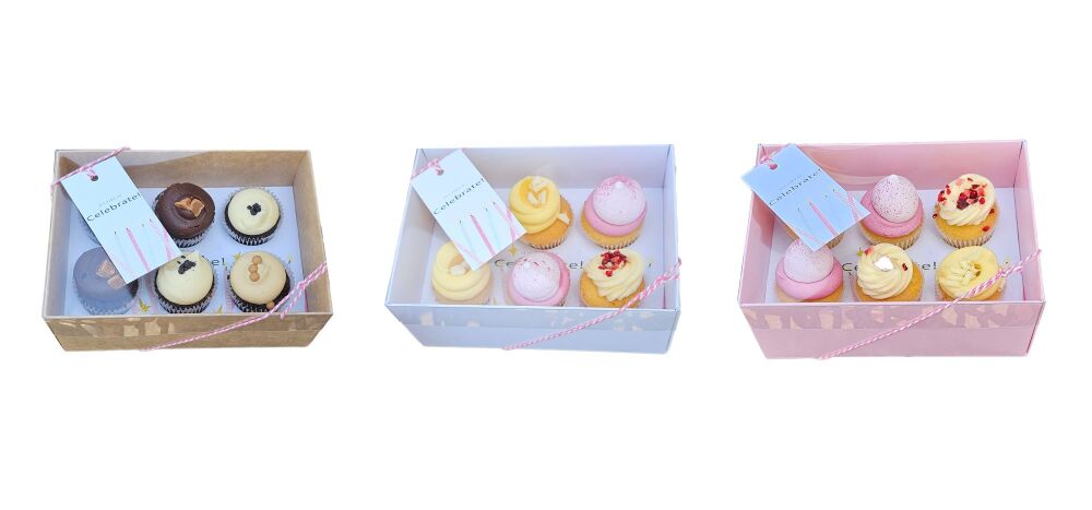 Celebrate 70mm Deep 6pk Mini Cupcake Box with Clear Lid,  Printed Insert & 