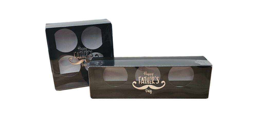 Father's Day Black 70mm Deep Cupcake Boxes, Black Inserts & Silver Foiled "Happy Father's Day" Clear Lid - 10Pk