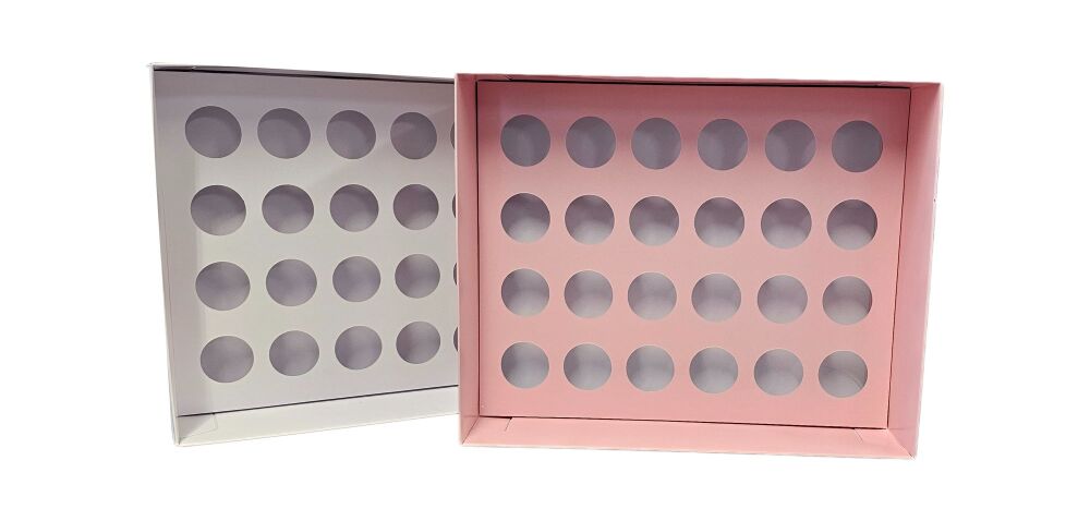 90mm Deep 24pk Mini Cupcake Box (Colour to be chosen) with Clear Lid and Matching Insert - 315mm x 250mm x 90mm - Pack of 10