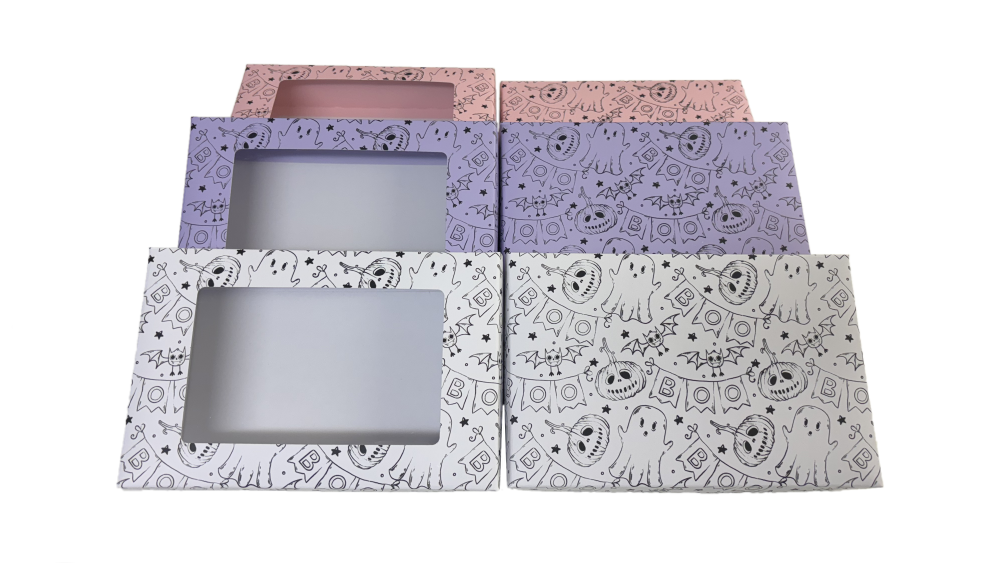 Halloween 50mm Large Biscuit/Cookie Box & Doodle Printed Full Lid/Acetate Window Lid - 240 x 155 x 50mm - 10Pk
