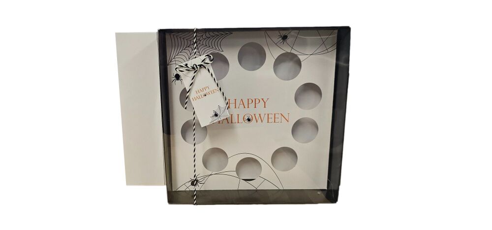 Halloween 10pk Mini Cupcake Box, Clear Lid, Printed Insert, Coloured Base & Gift Tag - 230mm x 230mm x 55mm - 10Pk