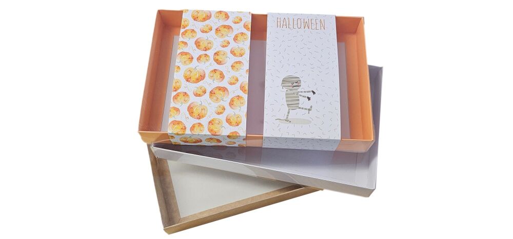 Mummy/Pumpkin Print Biscuit/Cookie Range With Clear Lid & Printed Belly Band ( Colour base & pattern to be chosen)- 240mm x 155mm x 30mm -  Pack of 10