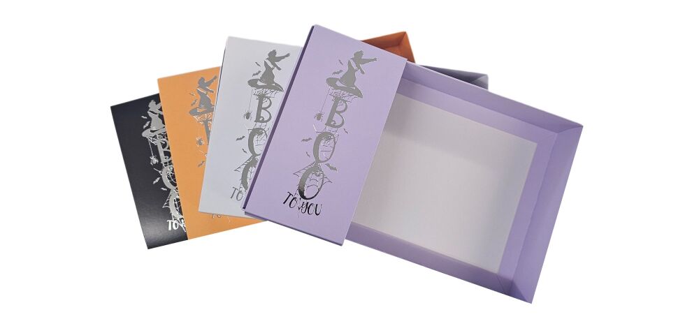 Halloween 50mm Deep Large Cookie Box With Clear Lid & Silver Foiled Boo Bel