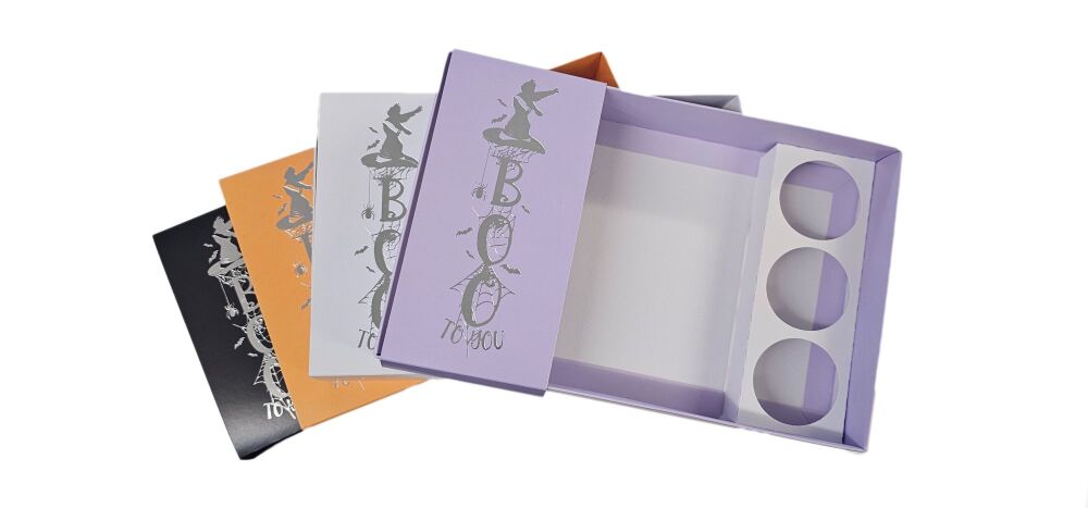 Halloween 50mm Deep Large Cookie Box With Clear Lid, Silver Foiled Boo Belly Band And 3pk Mini Cupcake Insert (Colour to be chosen)-240mm x 15
