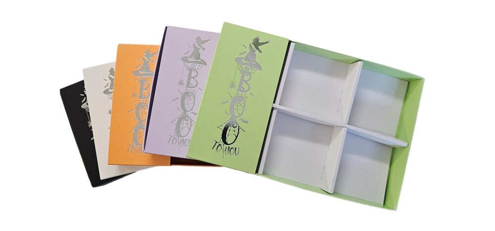 Halloween 6PK Large Brownie/Sweet Box With Clear Lid, Silver Foiled Boo Belly Band & Insert (colour to be chosen) - 240mm x 155mm x 30mm - Pack of 10