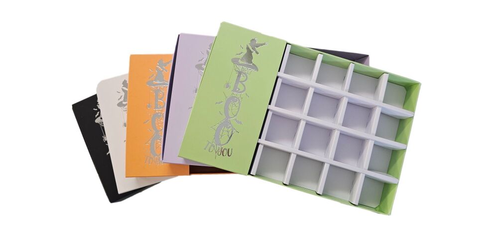 Halloween 24pk Chocolate Box With Clear Lid, Silver Foiled Boo Belly Band & Insert (Colour to be chosen) - 240mm x 155mm x 30mm - Pack of 10