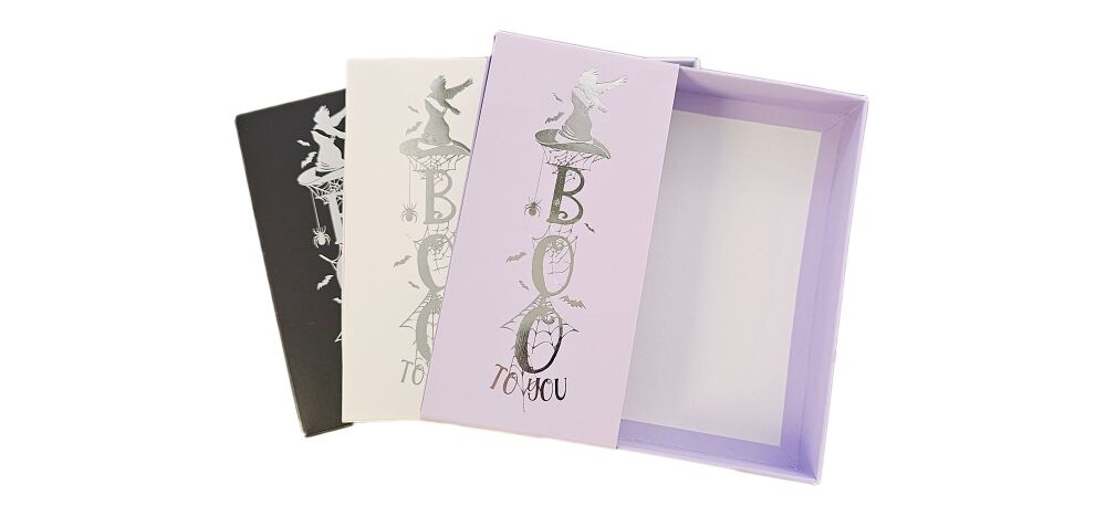Halloween  Large Square Cookie Box With Clear Lid and Silver Boo Foiled Belly Band (Colour to be chosen)-- 155mm x 155mm x 30mm -  Pack of 10