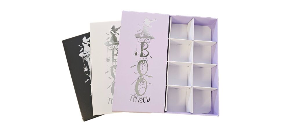 Halloween 16pk Chocolate Box With Clear Lid & Insert and Silver Foiled Boo Belly Band (Colour to be chosen) - 155mm x 155mm x 30mm - Pack of 10