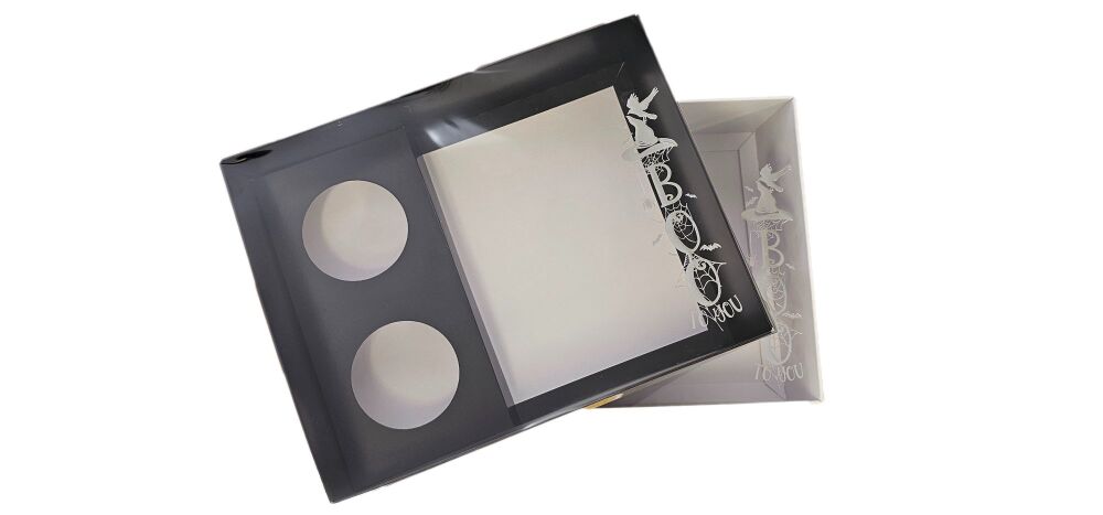 Halloween Hamper Box With Silver Foiled Clear Lid & Matching 2pk Cupcake Insert (Colour to be chosen)- 250mm x 195mm x 70mm- Pack of 10