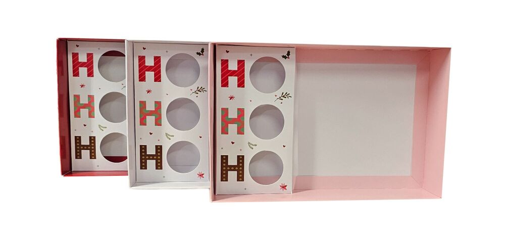 Christmas Ho, Ho, Ho Deep Biscuit/Cookie Box with Clear Lid & 3 MINI Cupcake Printed Insert (Colour to be chosen) - 240mm x 155mm x 50mm - Pack of 10