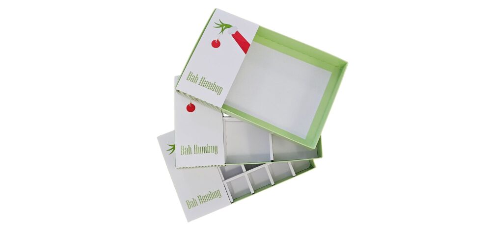 Christmas Green Box, Clear Lid & Bah Humbug Printed Belly Band -240mm x 155mm x 30mm - 10Pk