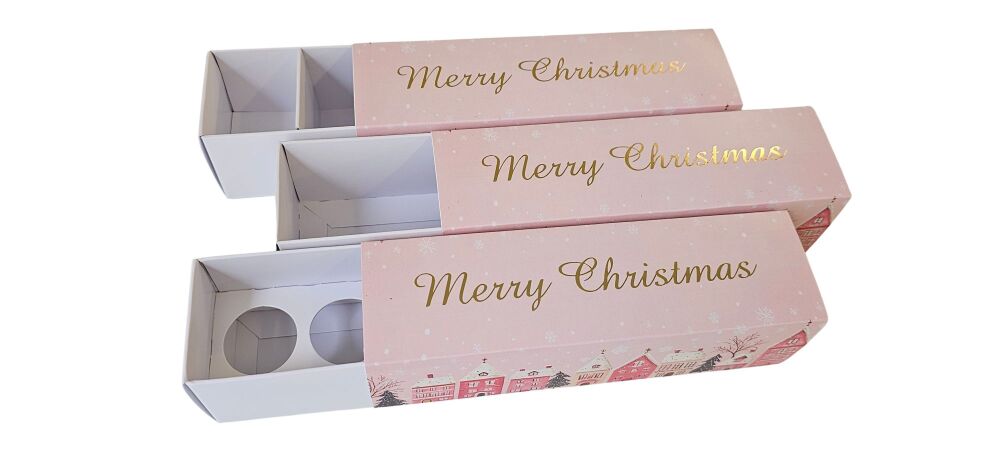 Christmas Pink House 6pk Macaron / 5pk Truffle Rectangle Box Range & Gold Foil - 185 x 50 x 50mm - 10Pk
