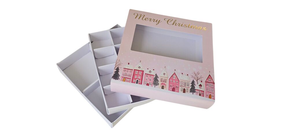 Christmas Pink House Large Square Box Range, Acetate Aperture Window & Gold Foil - 155 x 155 x 30mm - 10Pk