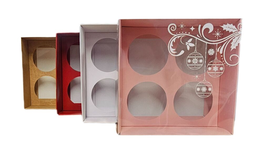 70mm Deep Christmas 4pk Cupcake Box, White Foiled Clear Lid & Matching Insert - 155mm x 155mm x 70mm - 10Pk