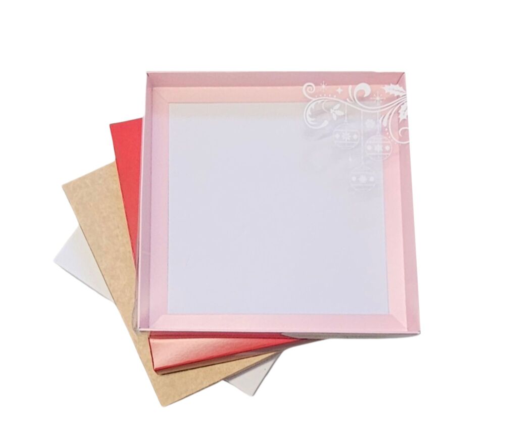 Christmas 30mm Deep XL Square Cookie Box & White Foiled Clear Lid - 230mm x 230mm x 30mm - 10Pk