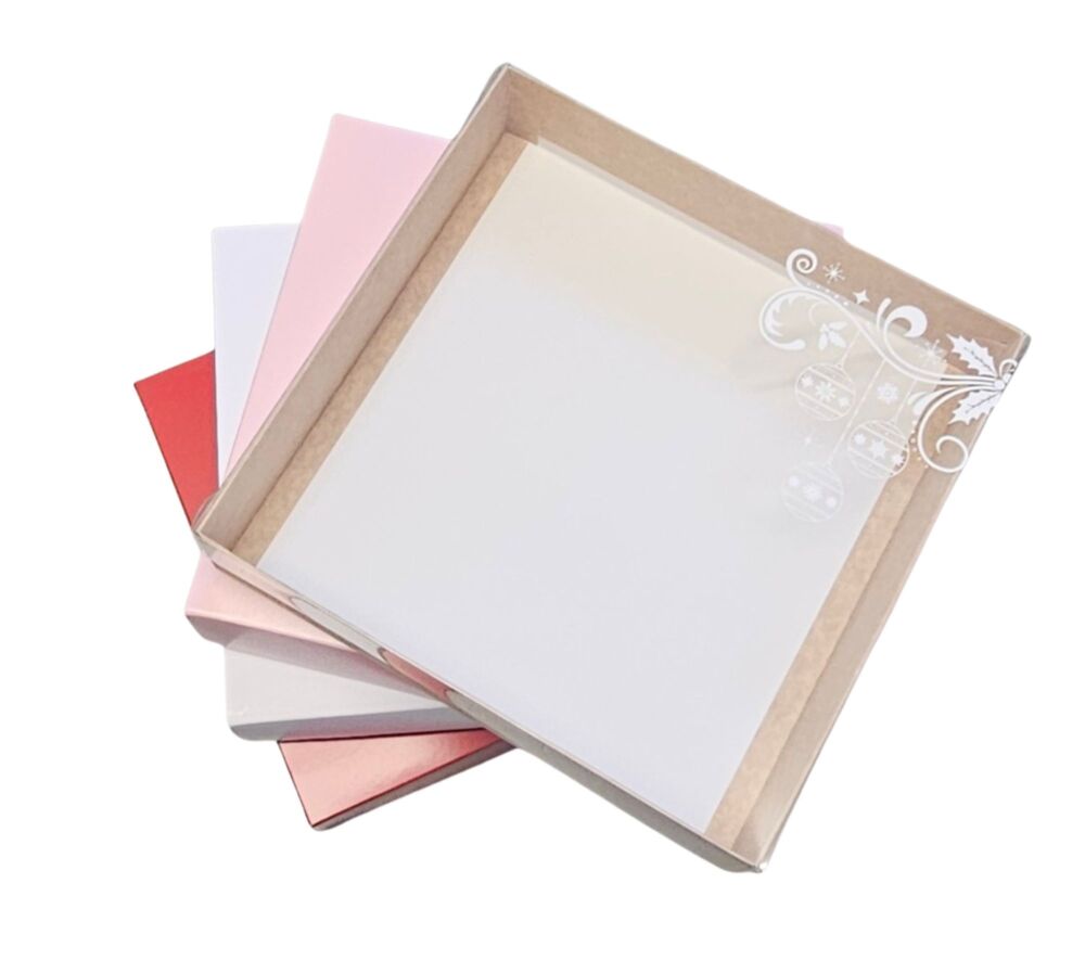 Christmas 50mm Deep XL Square Cookie Box & White Foiled Clear Lid - 230mm x 230mm x 50mm - 10Pk