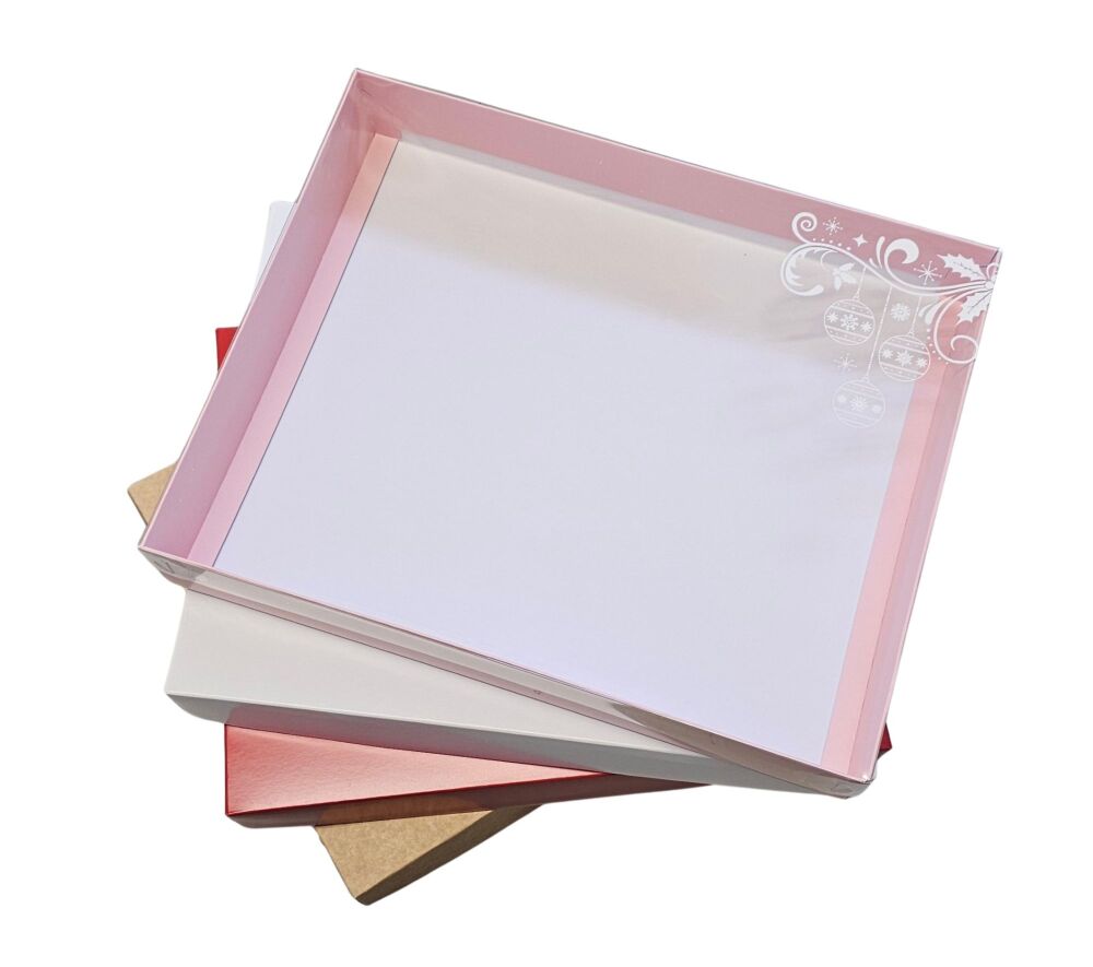Christmas 50mm Deep XL Rectangle Cookie Box & White Foiled Clear Lid - 315mm x 250mm x 50mm- 10Pk
