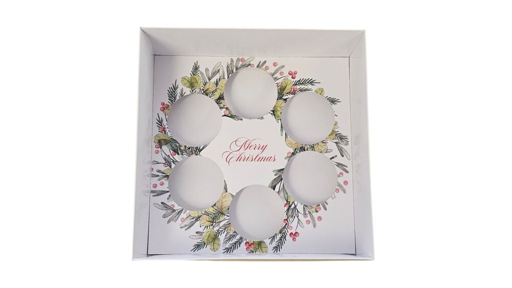 Christmas Wreath 6pk Large Cupcake Box, Clear Lid, Printed Insert, White Base & Gift Tag - 230mm x 230mm x 90mm - 10Pk
