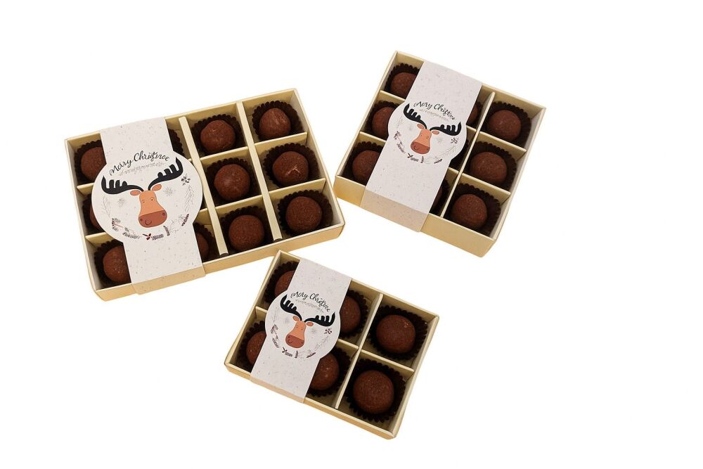 Christmas Chocolate Box Selection, Moose Print Band, White Base, Inserts & Clear Lid (Size to be chosen & price will vary)