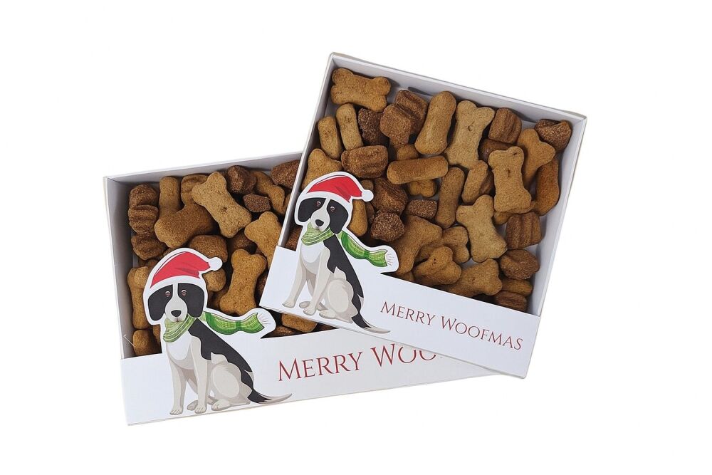 "Merry Woofmas" presentation box with White Base, Clear Lid & Printed Band (Size to be chosen & price will vary) - 10Pk