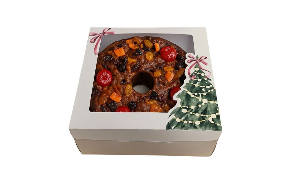 White Cake/Treat Box with Aperture Window and Printed lid - 175mm x 175mm x 72mm - 10Pk