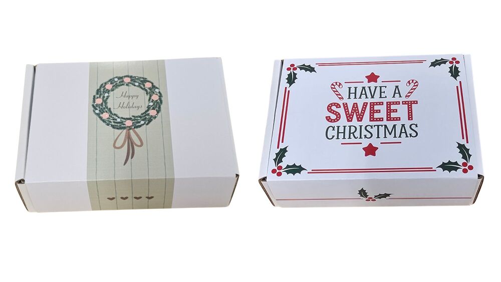 Small White Postal Packaging with Christmas Print Sleeve - (Pattern to be chosen) - 130mm x 100mm x 40mm - Pack of 10