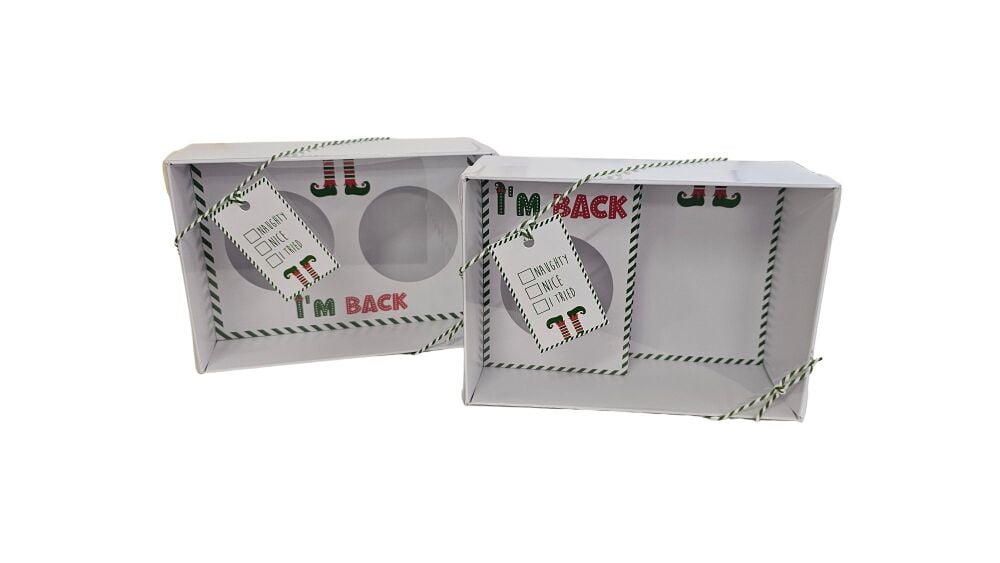 Elf "I'm Back" 70mm Deep Single/Double Cupcake Box, Clear Lid, Printed  Insert & Tag (Twine not included) - 10Pk