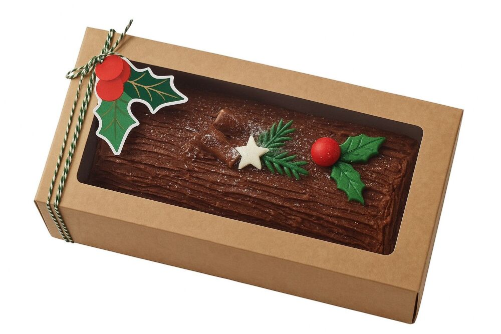 Chocolate Yule Log Box, Laminated White Tray & Acetate Window (Tag available as add on) - 270 x 120 x 90mm - 10Pk