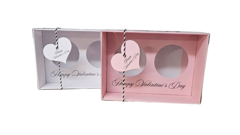 Happy Valentines 70mm Deep 2pk Cupcake Box & Clear Lid, Printed Matching Insert & Heart Tag - (Twine not included) (Colour to be chosen) - 165 X 115 X