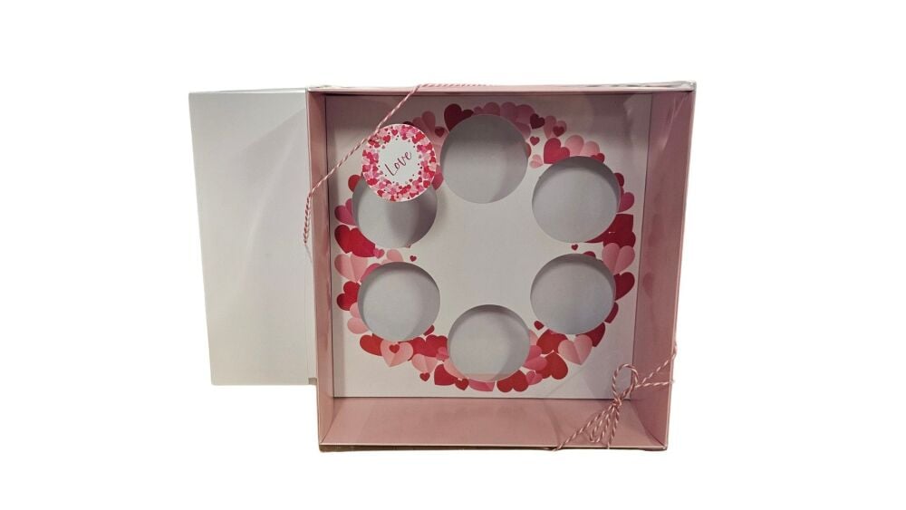 Valentine's Wreath 6pk Large Cupcake Box, Clear Lid, Printed Insert, colour