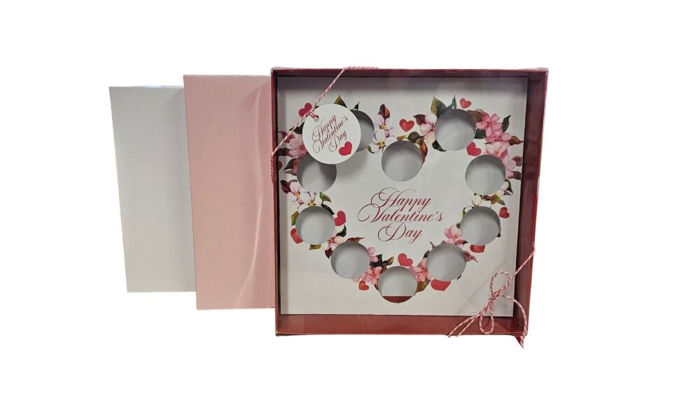 Valentine's 10 hole Mini Cupcake Box, Clear Lid, Printed Insert, Base & Gift Tag - 230 x 230 x 55mm - 10Pk