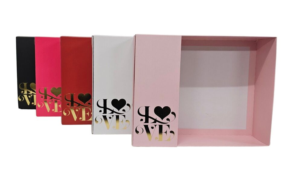Valentine's Hamper Boxes & Clear Lid & "Love"  Foiled Belly Band (Colour to be chosen)- 250mm x 195mm x 70mm - Pack of 10