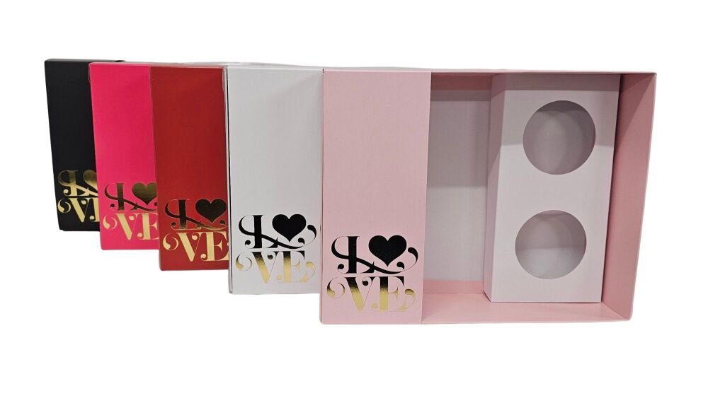 Valentine's Hamper Boxes & Clear Lid & "Love" Foiled Belly Band & 2PK Cupcake Inserts (Colour to be chosen)- 250mm x 195mm x 70mm - Pack of 10