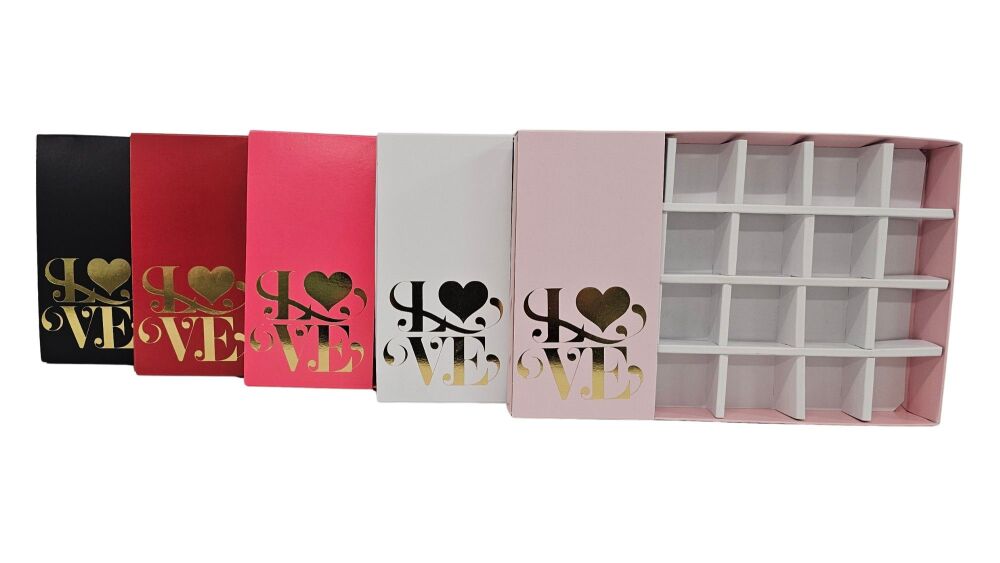 Valentine's 24pk Chocolate Box & "Love" Foiled Belly Band, Clear Lid & Inserts (Colour to be Chosen) - 240mm x 155mm x 30mm - Pack of 10