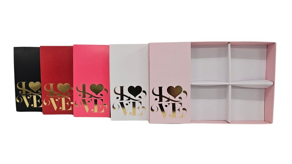 Valentine's 6pk Brownie Box & "Love" Foiled Belly Band, Clear Lid & Inserts (Colour to be Chosen) - 240mm x 155mm x 30mm - Pack of 10