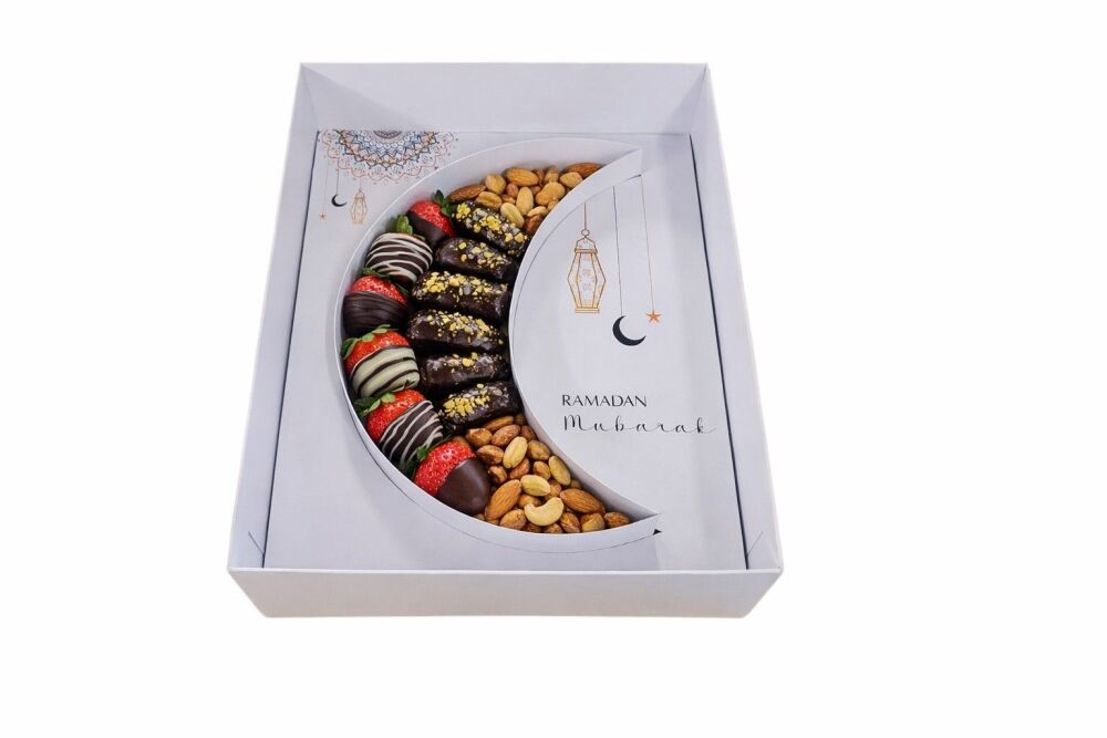 Ramadan Crescent Moon Fillable Shape Hamper Box, Printed Insert & Clear Lid - 315mm X 250mm X 90mm -10Pk