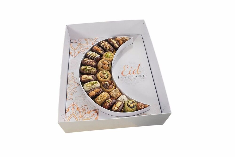 Eid Crescent Moon Fillable Shape Hamper Box, Printed Insert & Clear Lid - 315mm X 250mm X 90mm -10Pk