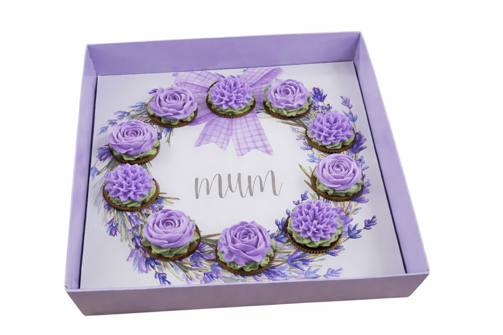 Mother's Day Lavender 10 hole Mini Cupcake Box, Clear Lid, Printed Insert, Base & Gift Tag (Base colour to be chosen) - 230 x 230 x 55mm - 10Pk