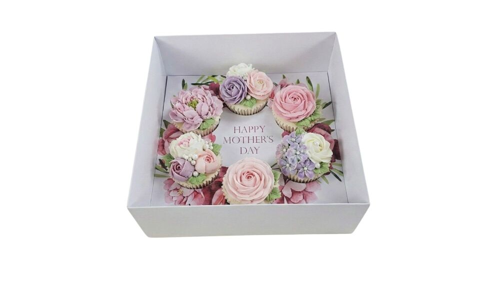 Mother's Day Peony Wreath 6pk Large Cupcake Box, Clear Lid, Printed Insert,  Base & Gift Tag - 230 x 230 x 90mm - 10Pk