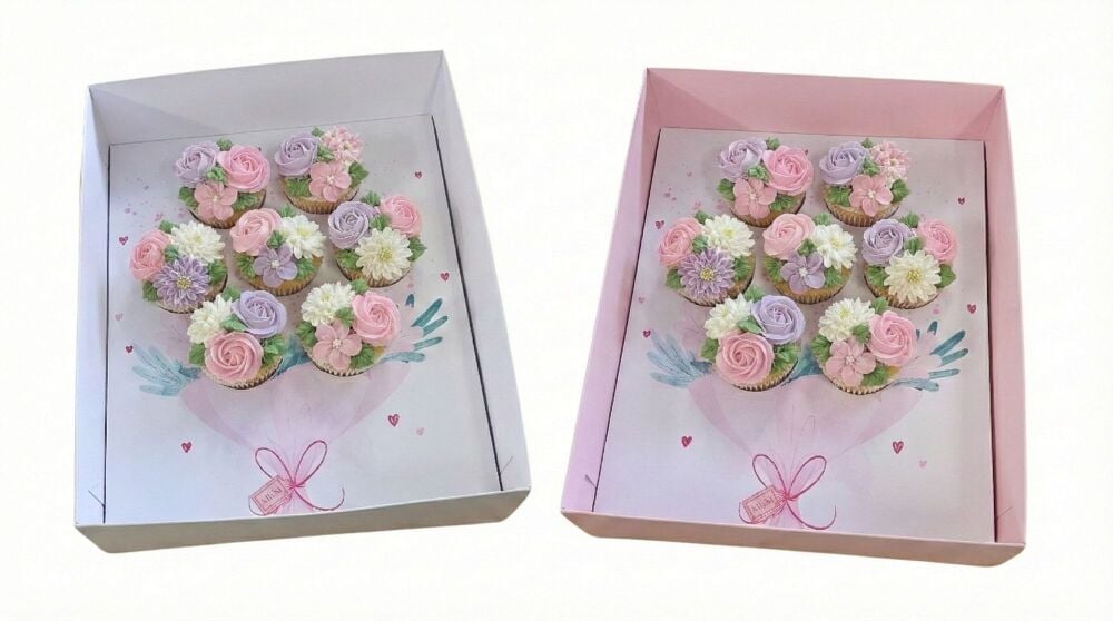 Mother's Day Flower Bouquet 7pk Cupcake White Box, Clear Lid & Printed Insert (Base colour to be chosen) - 315mm x 250mm x 90 mm - 10Pk