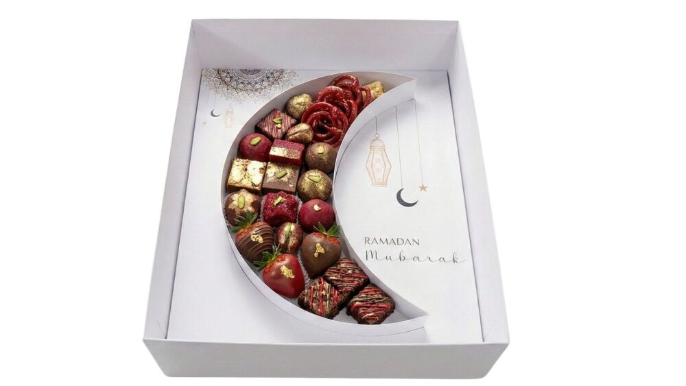 Ramadan Crescent Moon Fillable Shape Hamper Box, Printed Removable Insert & Clear Lid - 315mm X 250mm X 90mm -10Pk