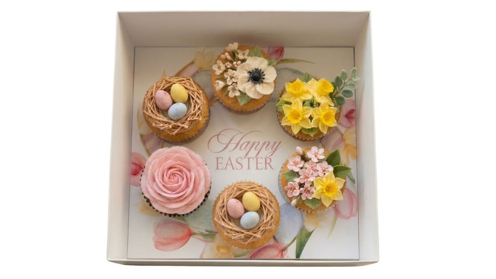 Happy Easter Wreath 6pk Large Cupcake Box, Clear Lid, Printed Insert, White Base & Gift Tag - 230 x 230 x 90mm - 10Pk