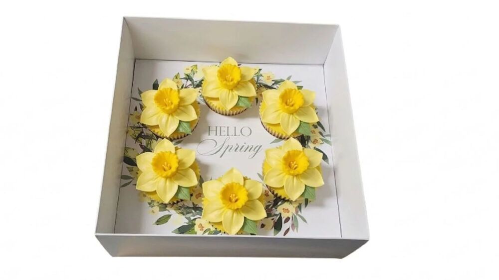 Spring Wreath 6pk Large Cupcake Box, Clear Lid, Printed Insert, White Base & Gift Tag - 230 x 230 x 90mm - 10Pk
