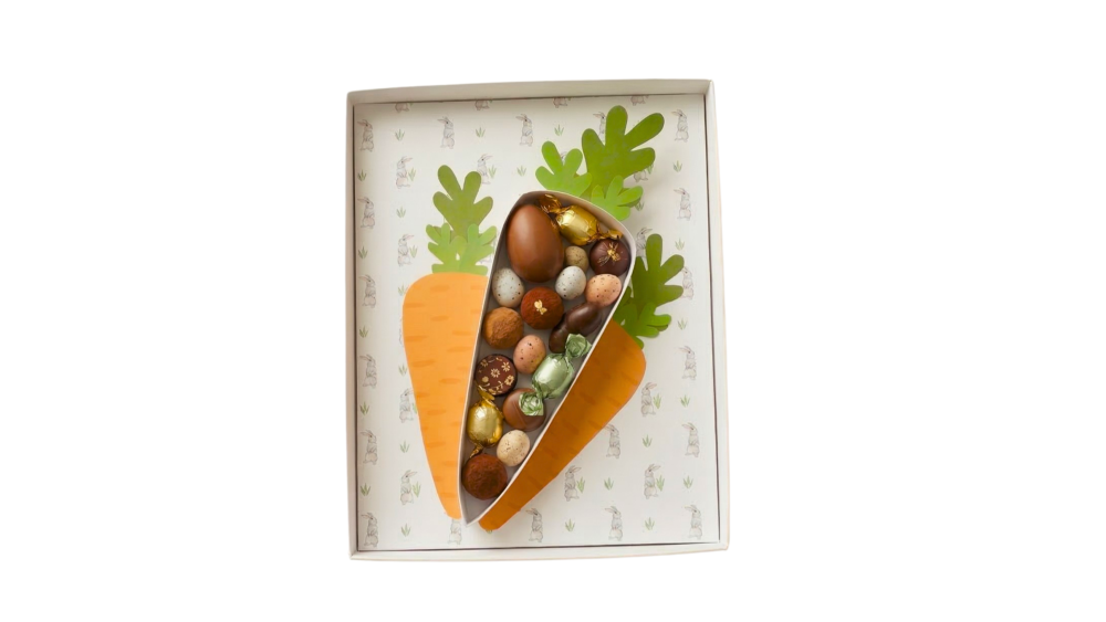 Easter Carrot Fillable Shape White Hamper Box, Printed Removable Insert & Clear Lid - 315mm X 250mm X 55mm -10Pk