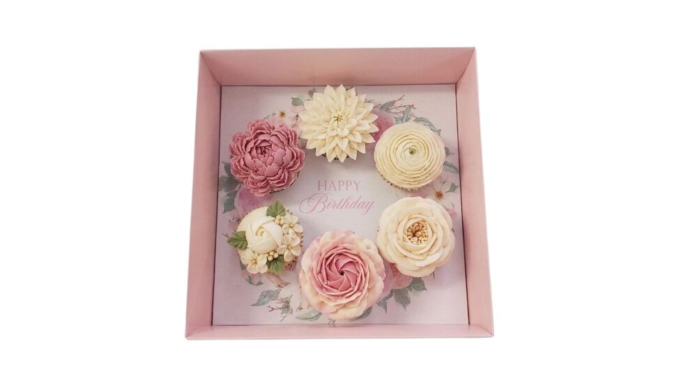Happy Birthday Wreath 6pk Large Cupcake Box, Clear Lid, Printed Insert, White Base & Gift Tag(choice with or without wording) - 230 x 230 x 90mm - 10P