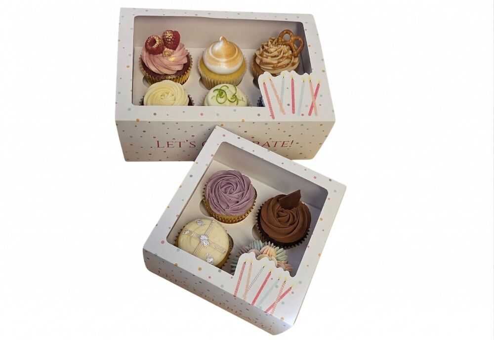 Luxury 4pk/6pk Celebrate Cupcake Box with Printed Full Sleeve & White Insert (Size to be chosen & price will vary) - Pack of 10