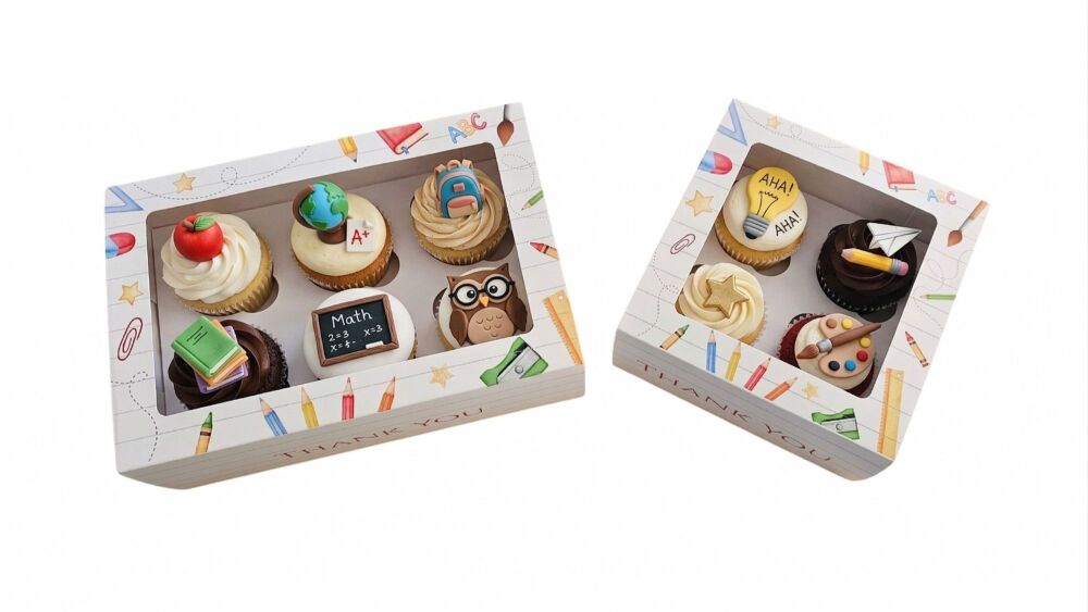 Thank you Teacher 4pk/6pk Celebrate Cupcake Box with Printed Full Sleeve & White Insert (Size to be chosen & price will vary) - Pack of 10