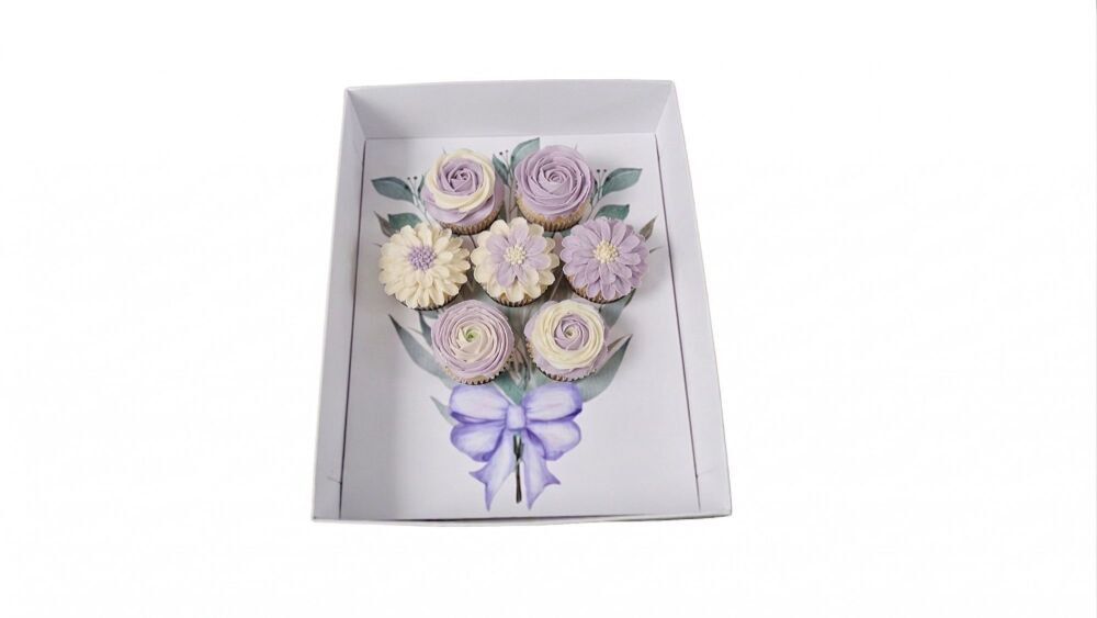 New Lilac Flower Bouquet 7pk Cupcake White Box, Clear Lid & Printed Insert - 315mm x 250mm x 90 mm - 10Pk